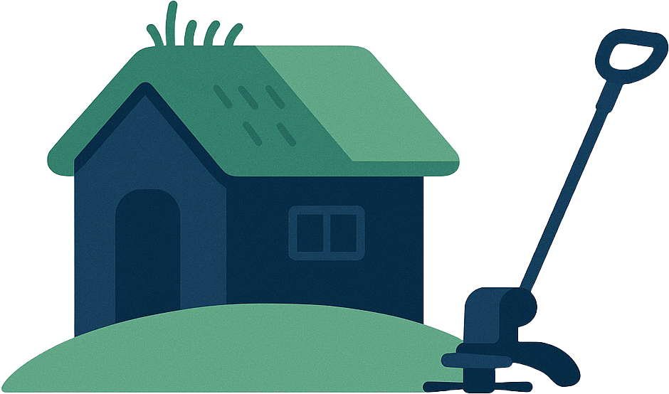 A house with a green roof and dark blue walls on a green grassy hill, with a lawn mower in front.