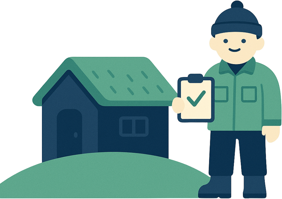 Illustration of a person standing outside a house, holding a clipboard with a checkmark on it.
