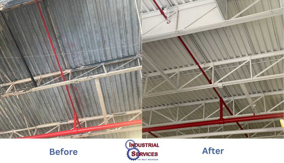 Before and after comparison of a metal ceiling in a building, showing an industrial area. The left side shows an unpainted, aged ceiling, while the right side shows a clean, freshly painted white ceiling with red pipes.