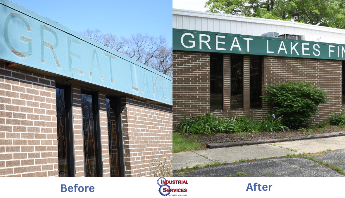 Great Lakes Finishing:
Before our work, the building’s metal siding appeared dull and worn, its surface marred by years of accumulated dirt, grime, and weathering. To restore its appearance and protect its surfaces, we thoroughly power washed the sid