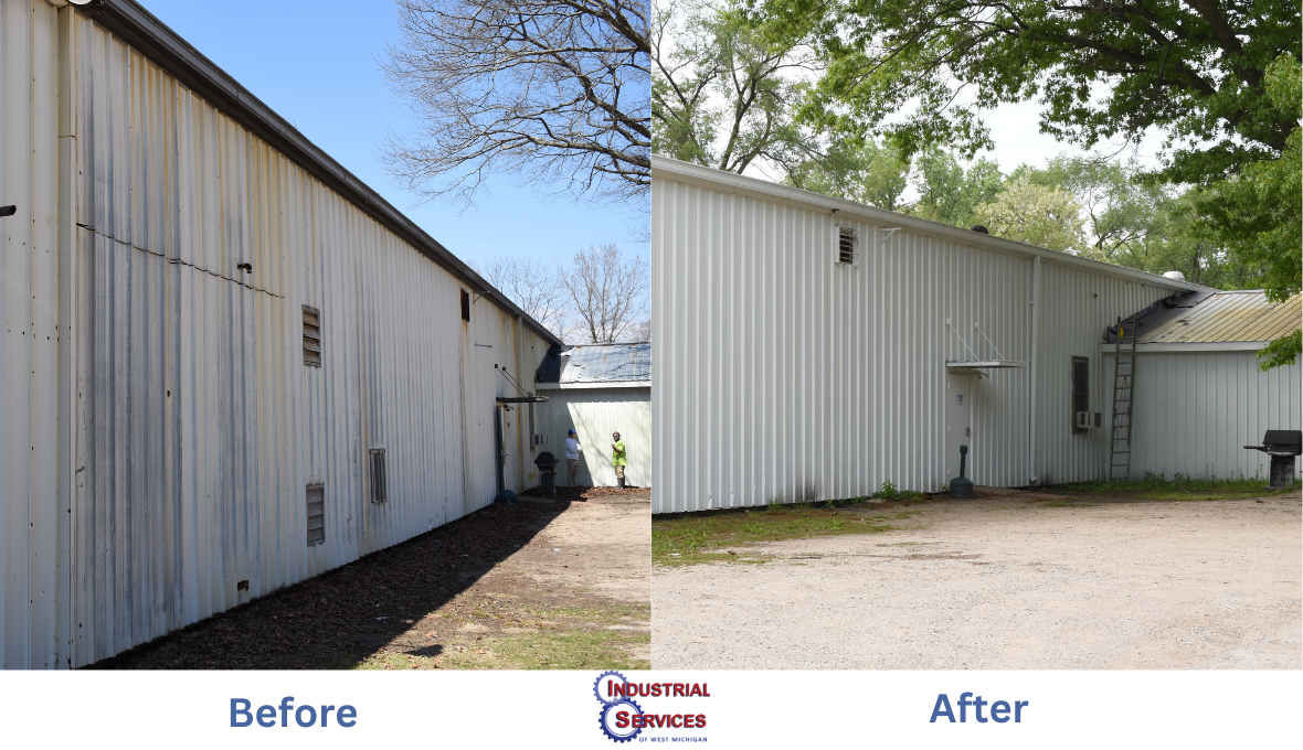 Great Lakes Finishing:
Before our work, the building’s metal siding appeared dull and worn, its surface marred by years of accumulated dirt, grime, and weathering. To restore its appearance and protect its surfaces, we thoroughly power washed the sid