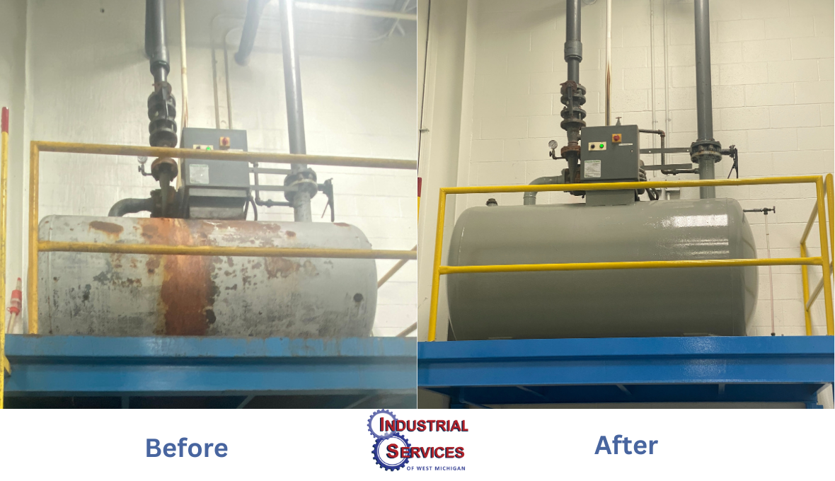 Before and after image of an industrial tank showing restoration work. The left side displays a rusty and corroded tank, while the right side shows the same tank refurbished with a fresh gray coating. Yellow railings and pipes are visible in both ima