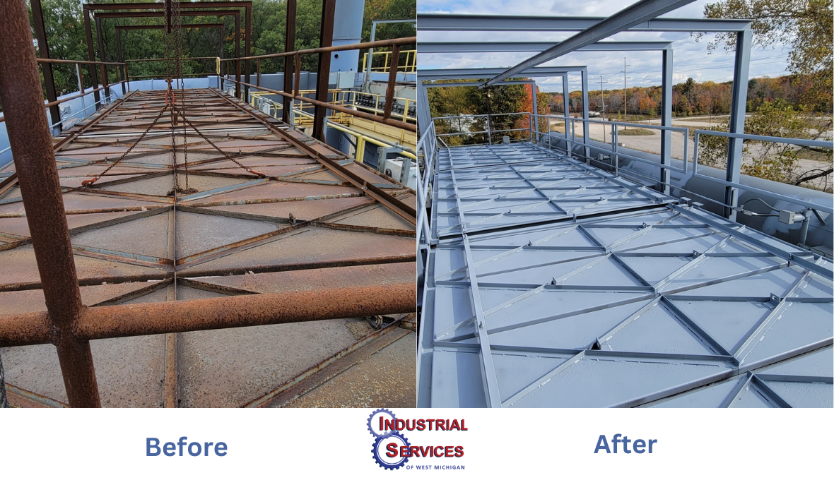 Rusty metal surface before and after painting transformation