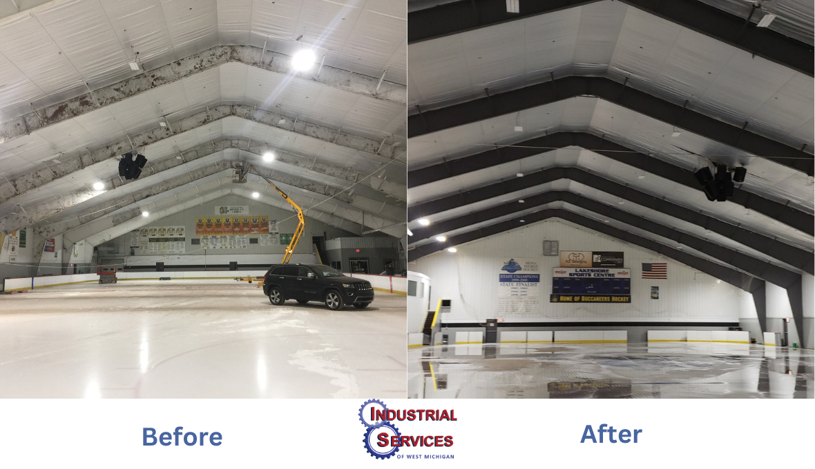 Before and after photos of an ice rink ceiling refurbishment. The 'Before' shows a ceiling with dark stains and a vehicle with equipment on the ice. The 'After' shows a clean, freshly painted ceiling with clearer rink signage and no vehicles on the i
