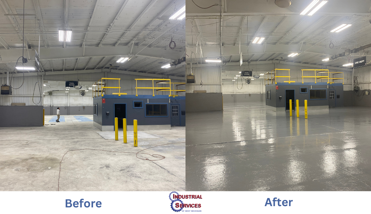 Side-by-side comparison of an interior warehouse space before and after a floor painting process, showing the surface transformation from bare concrete to a smooth, glossy finish with improved lighting and organization.