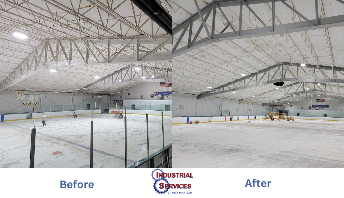 Ice rink before and after renovation, showing improved ceiling and lighting.