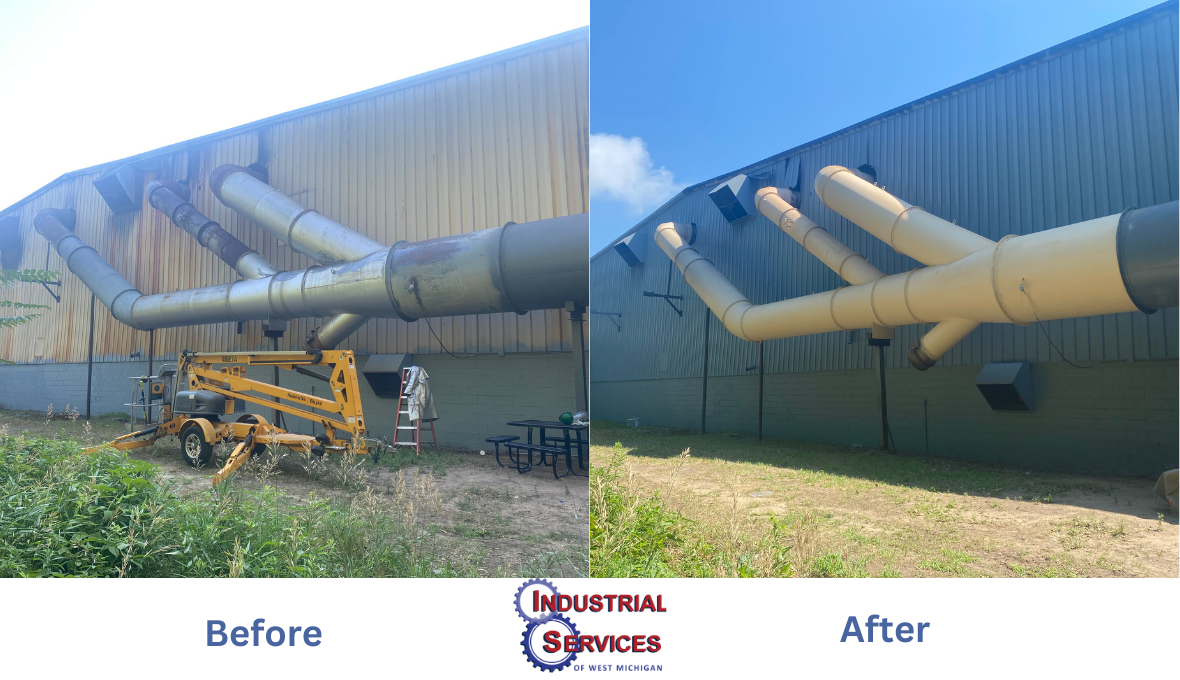 Industrial building exhaust pipes before and after repainting, showing a transformation from rusted metal to clean, yellow-coated pipes.