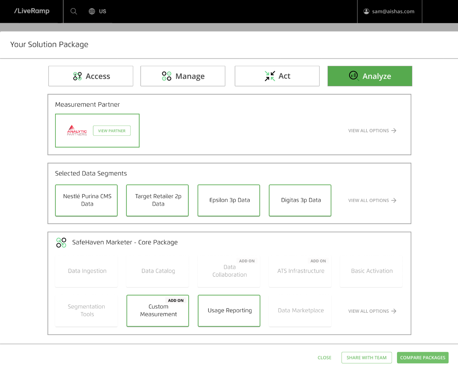 Step 4: View and edit package. The user can add a partner or any aspect of LiveRamp's offerings to their solutions package.