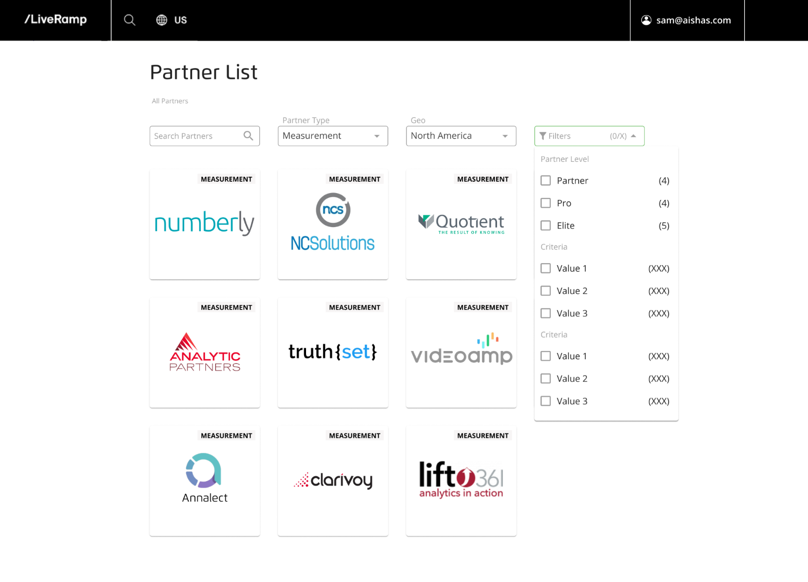 Step 2: Partner browse view. The user browse alternatives to the suggested partners and filter down by their specific criteria.