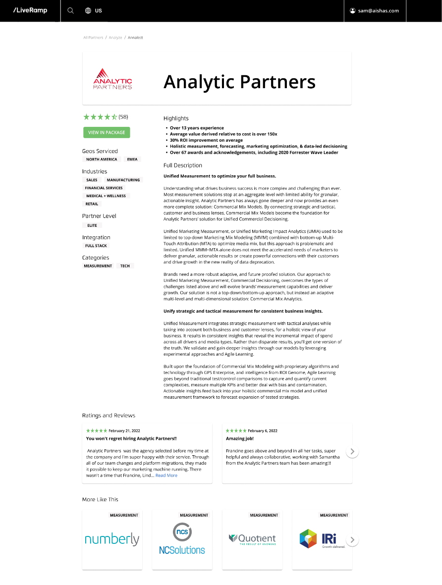 Step 3: Partner listing page. The user can select any partner to learn more and see their full offering.
