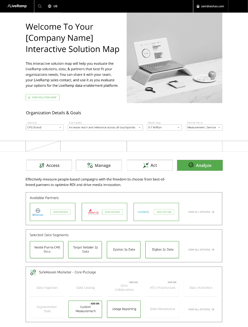 Step 1: Solution builder landing page. The journey could start with a Commercial Lead sending an interactive solution map to a current or prospective client. The end user could also initiate this themselves.