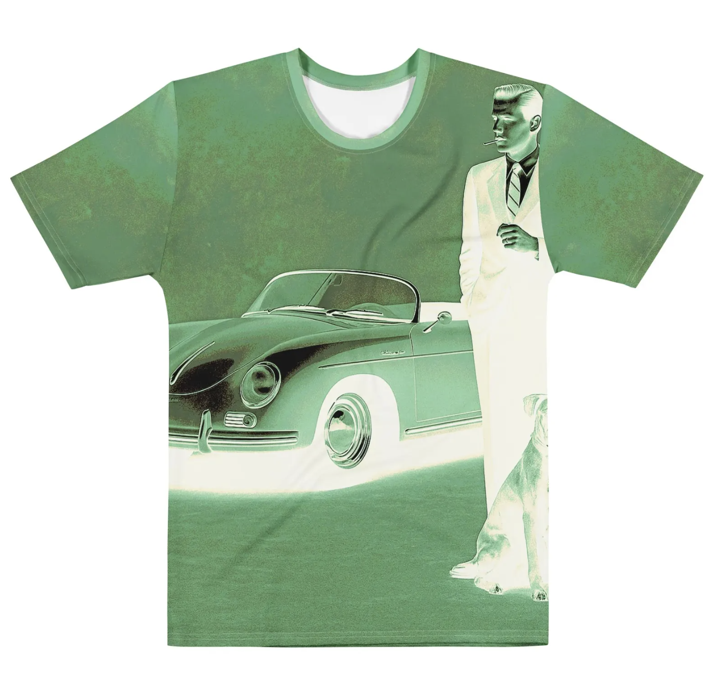 All Over Print Vintage Car Shirt • Handsome Man Retro Photo Tee • Classic Auto AOP Streetwear • Black & White Fashion T-Shirt