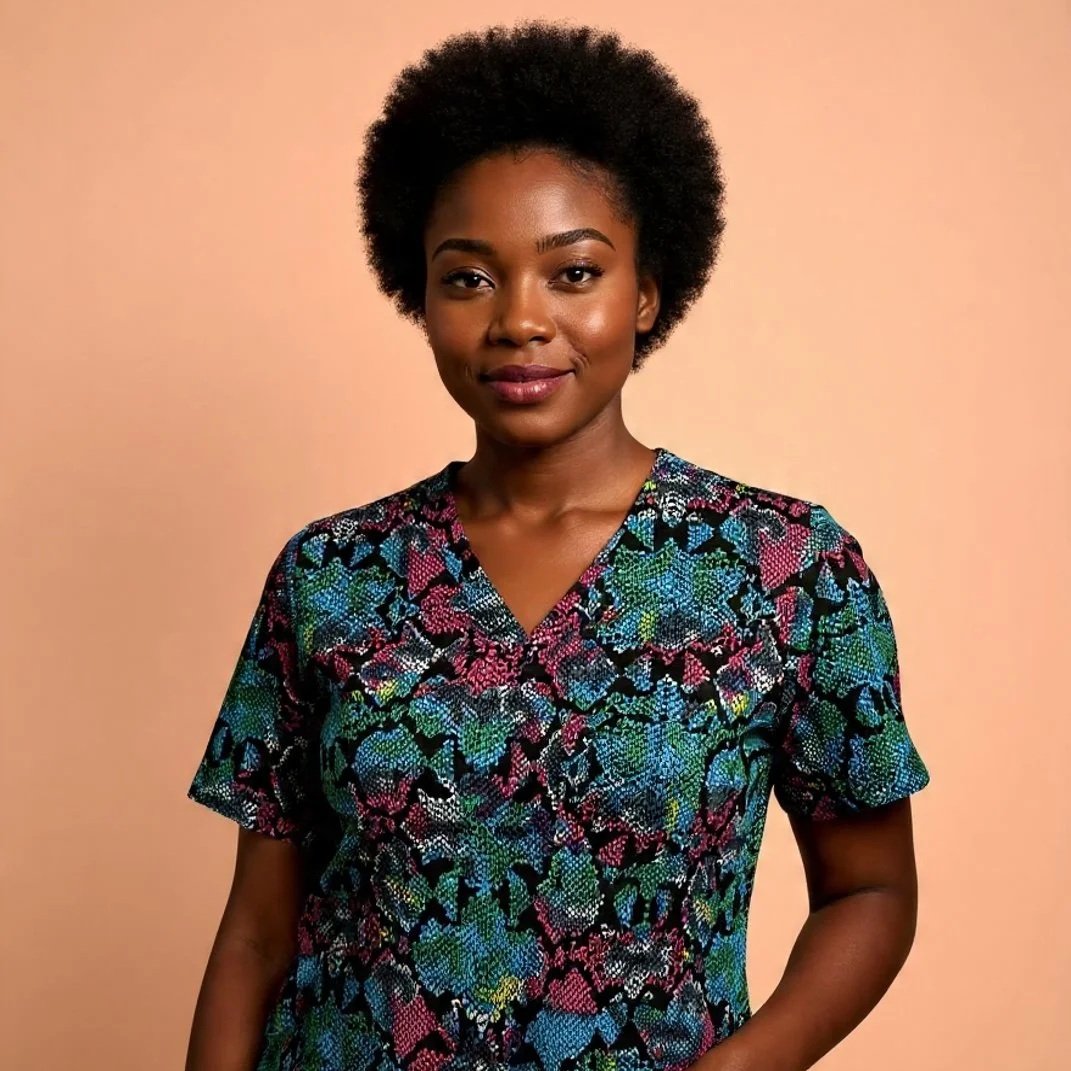 A young African American woman with natural curly hair, wearing a colorful patterned shirt, smiling softly against a plain peach-colored background.