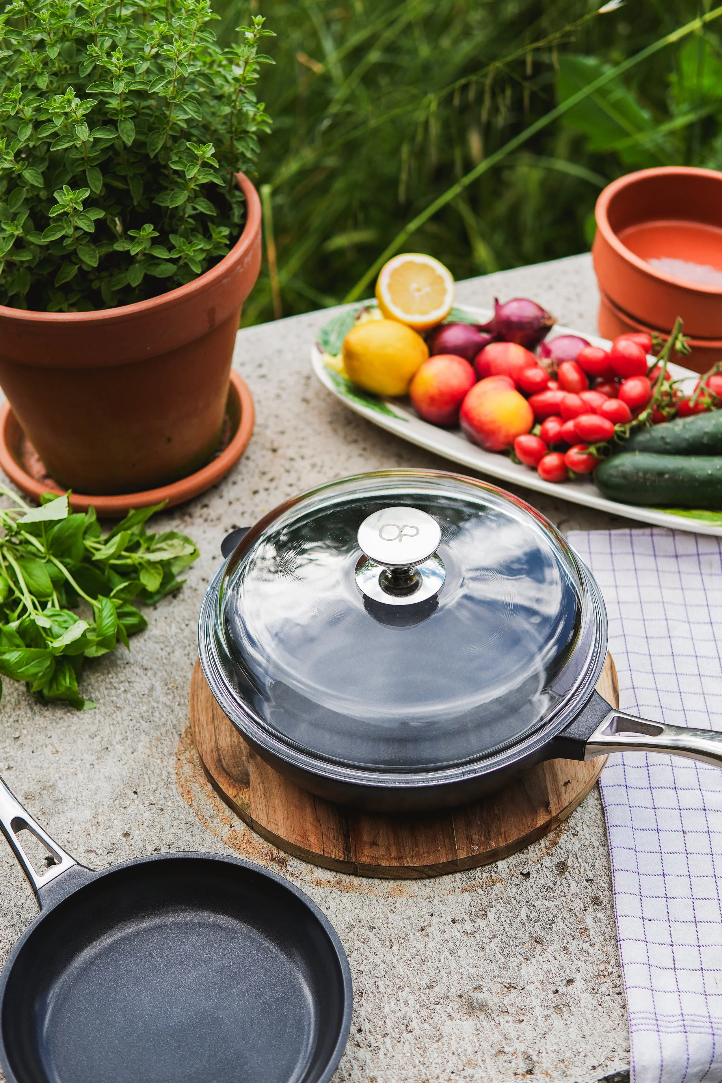 Outdoor table with fresh vegetables, fruits, herbs, a potted plant, a saucepan with a glass lid, and a empty frying pan.