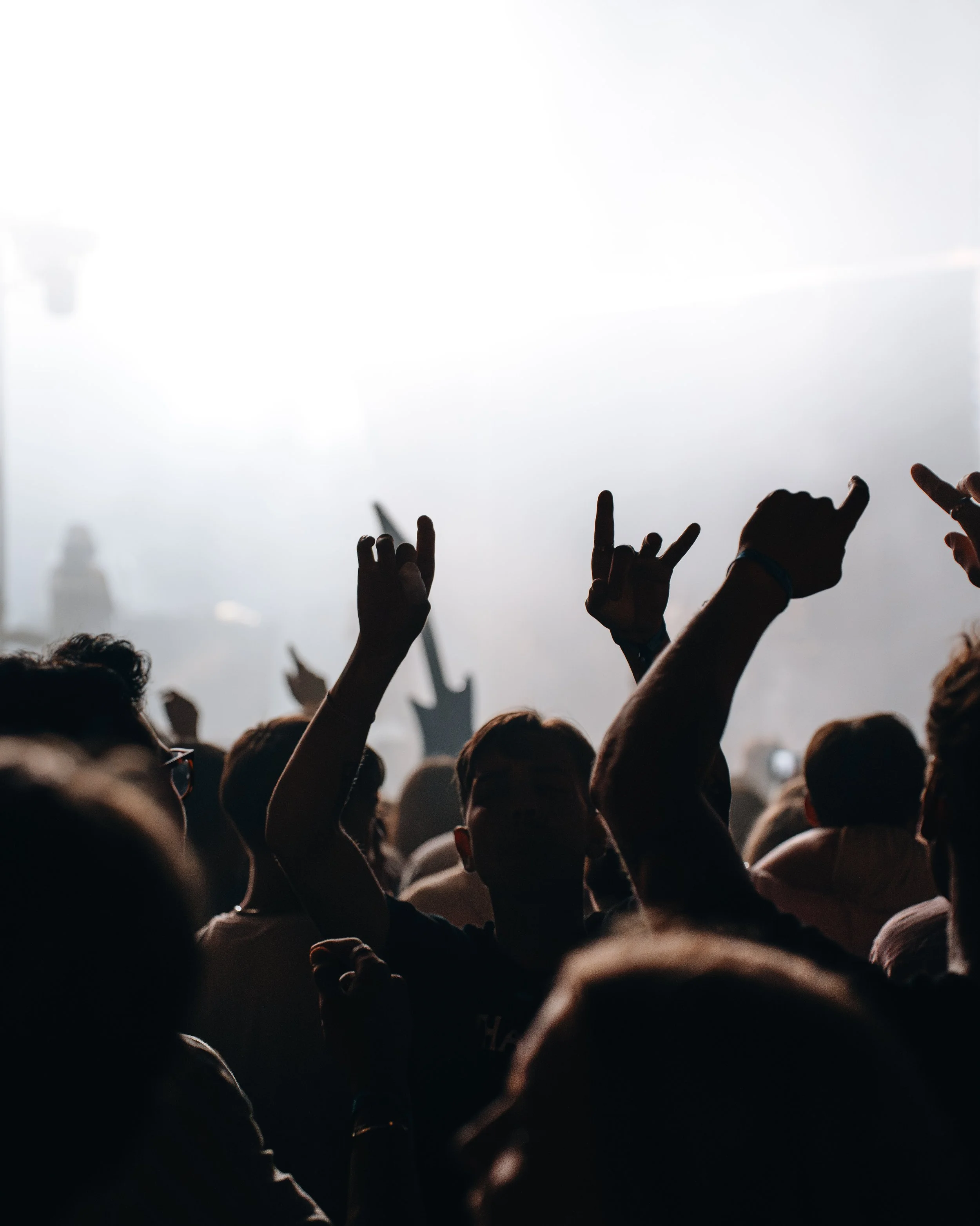 Silhouettes of people at a concert or festival waving their hands, with a bright light and fog in the background.