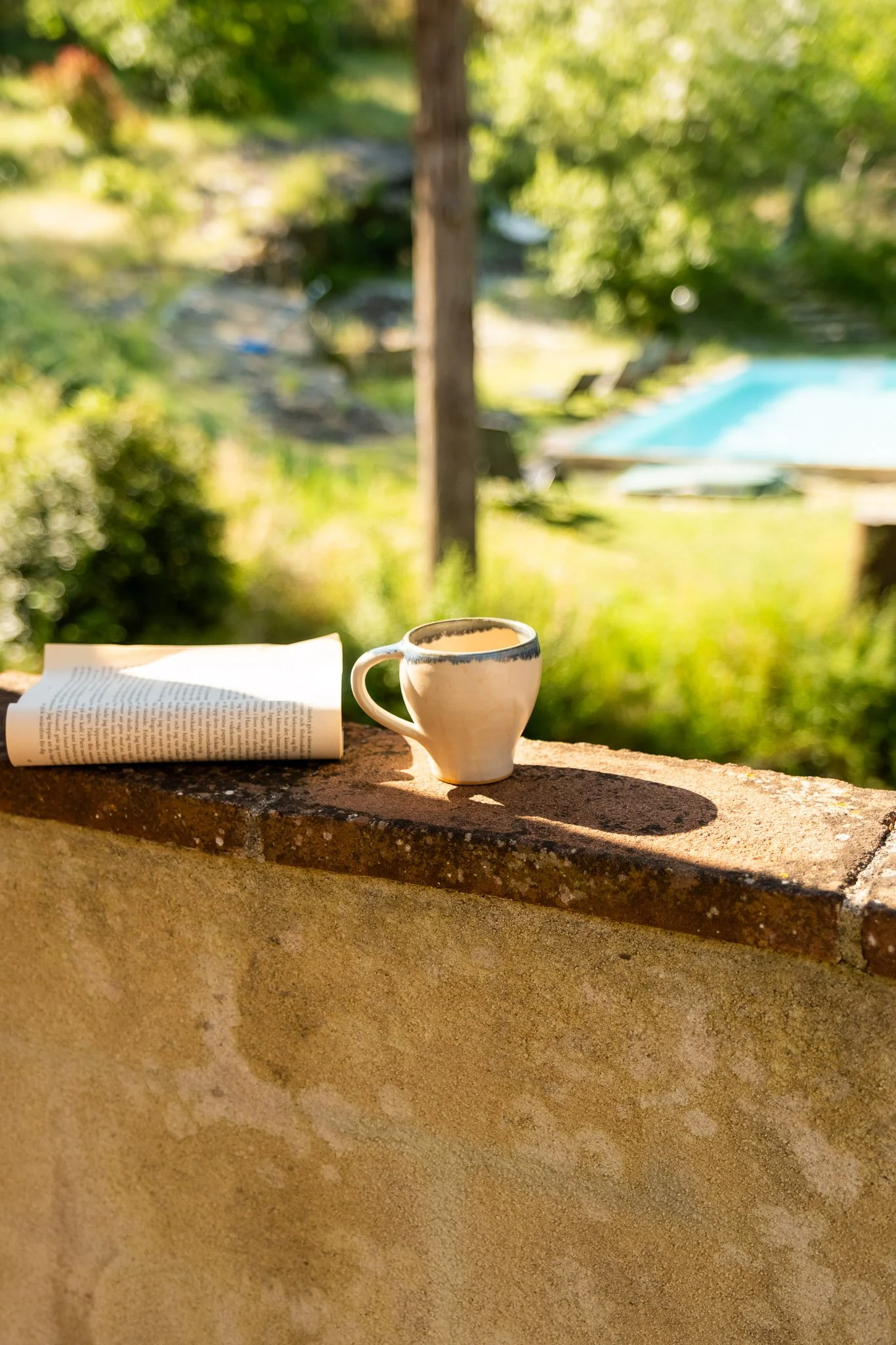 A ceramic mug and an open book on a stone ledge outdoors, with a blurry background of trees, a swimming pool, and patio chairs.