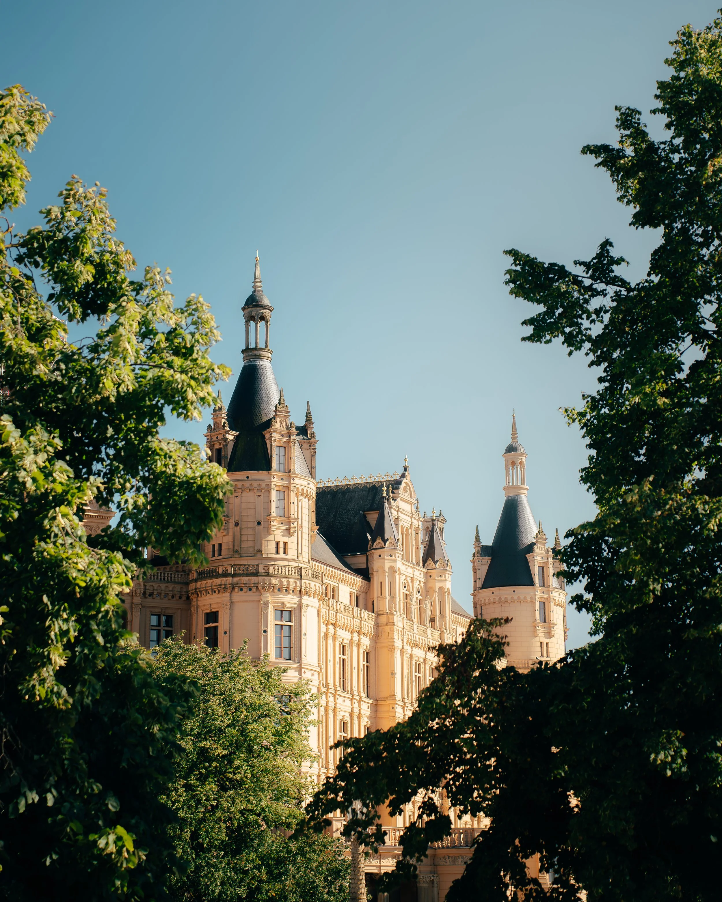A castle with Gothic and Victorian architectural features, surrounded by green trees under a clear blue sky.
