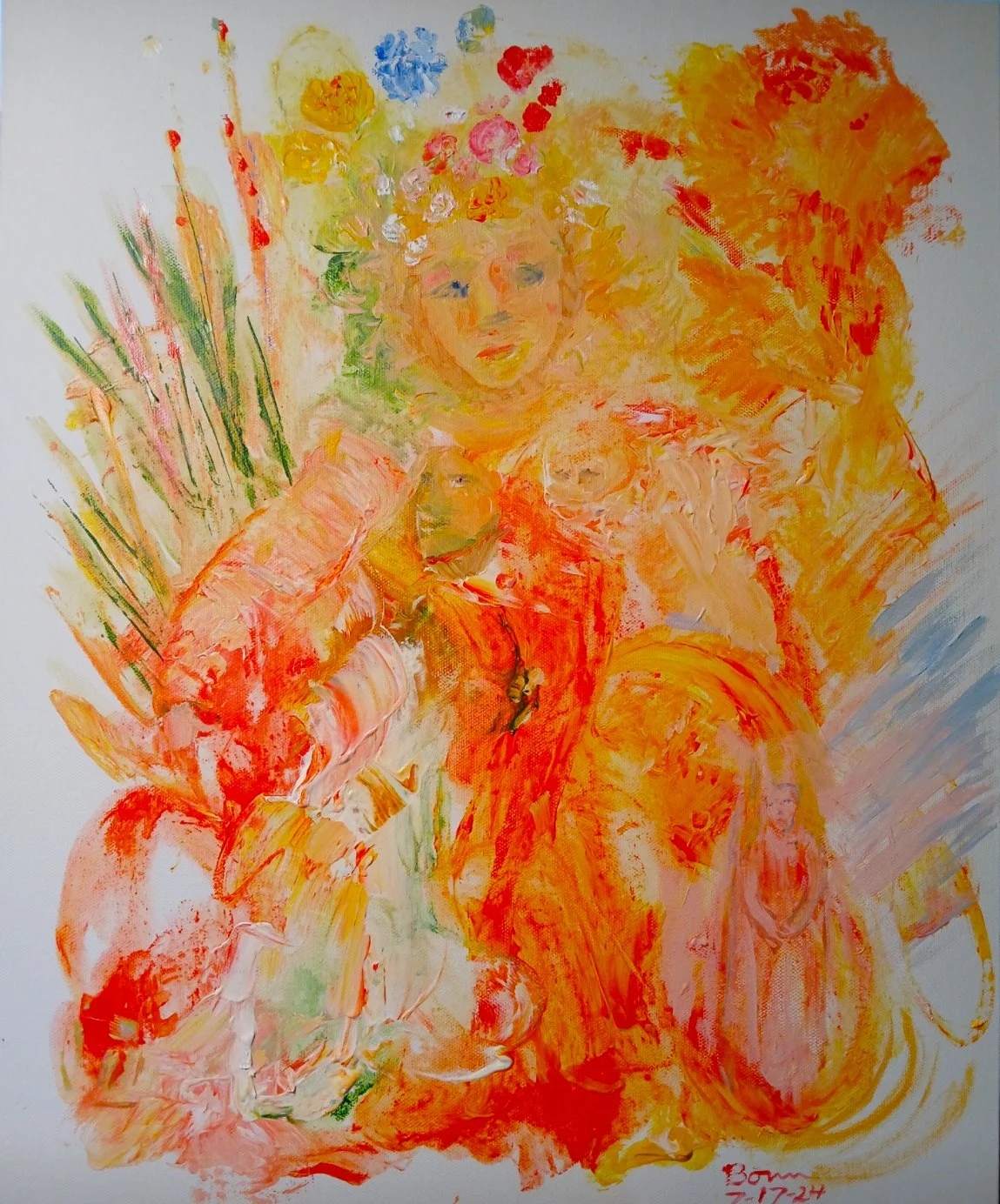 A vibrant painting of a girl with flowers in her hair, sitting in a relaxed pose, with tall grass and a lion behind her, painted in vibrant orange, yellow, pink, and green tones.