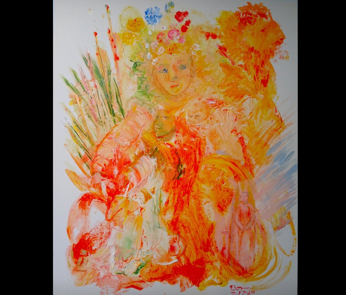 A vibrant painting of a girl with flowers in her hair, sitting in a relaxed pose, with tall grass and a lion behind her, painted in vibrant orange, yellow, pink, and green tones.