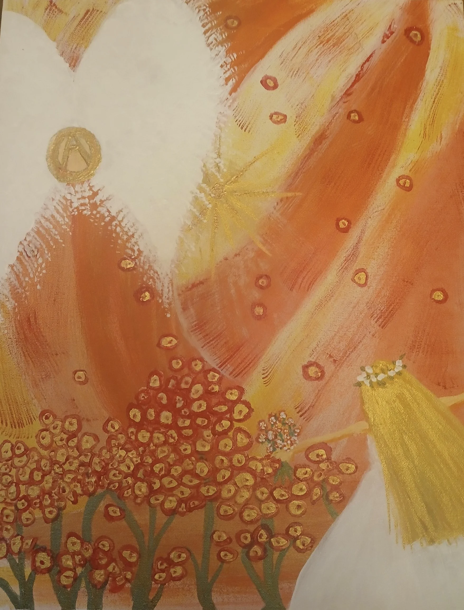 A vibrant, abstract painting featuring bright orange, yellow, and red hues, depicting a girl in a  bouquet of flowers with detailed, circular blossoms and green stems.