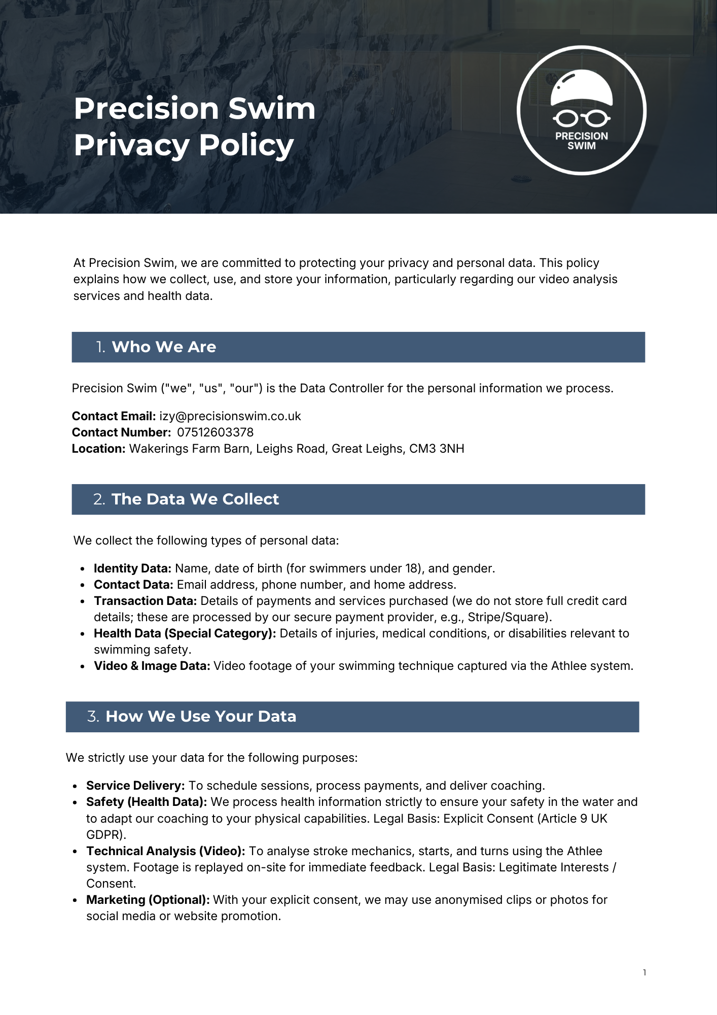 Privacy policy document for Precision Swim with logo, outlining data collection, use, and protection practices.