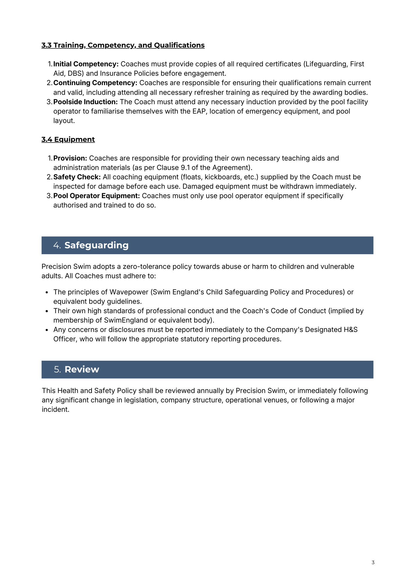 A printed document detailing swimming pool safety and operational procedures, including sections on training, equipment, safeguarding, and review.