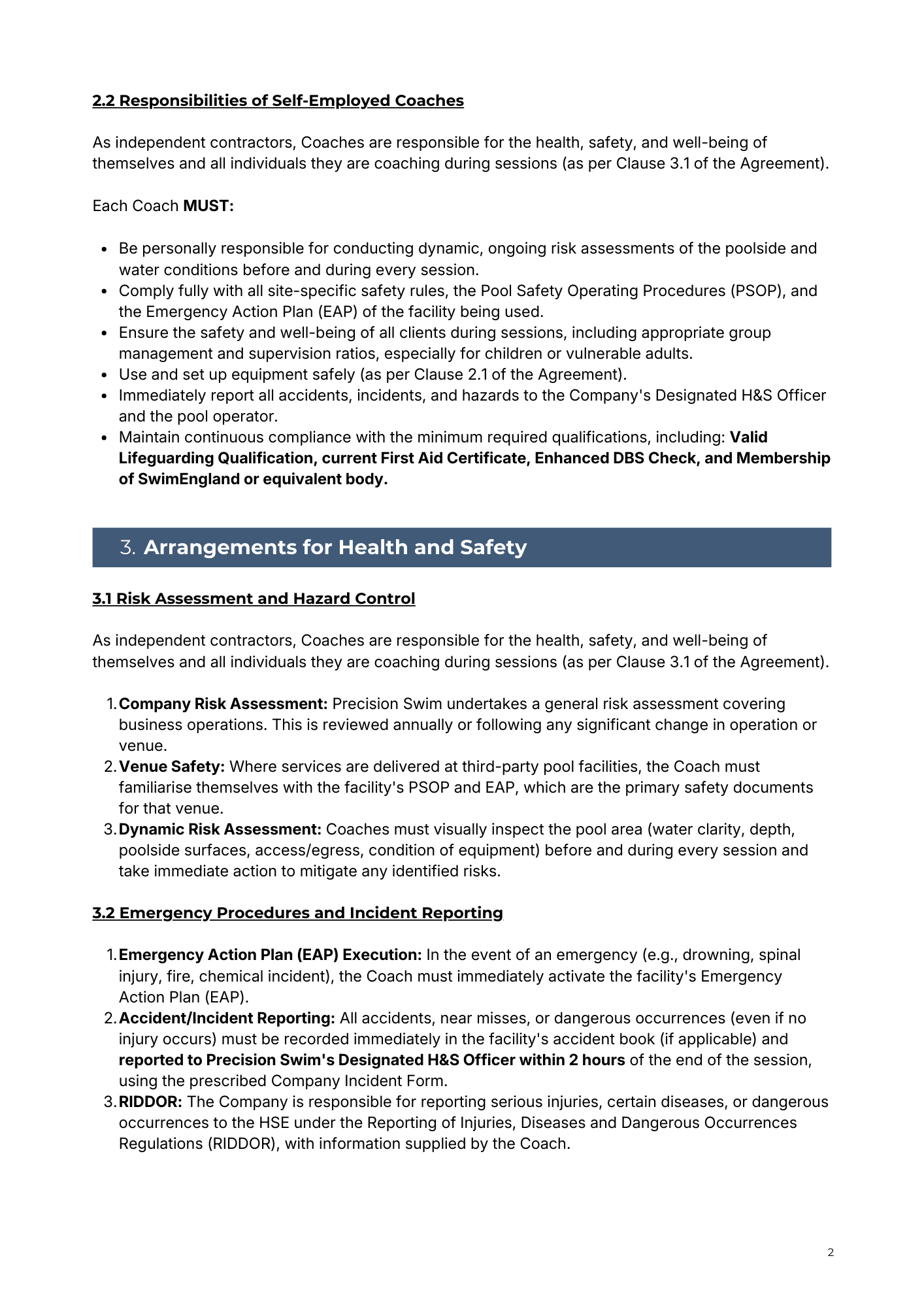 Document titled 'Responsibilities of Self-Employed Coaches' with sections on safety, health, emergency procedures, and incident reporting.