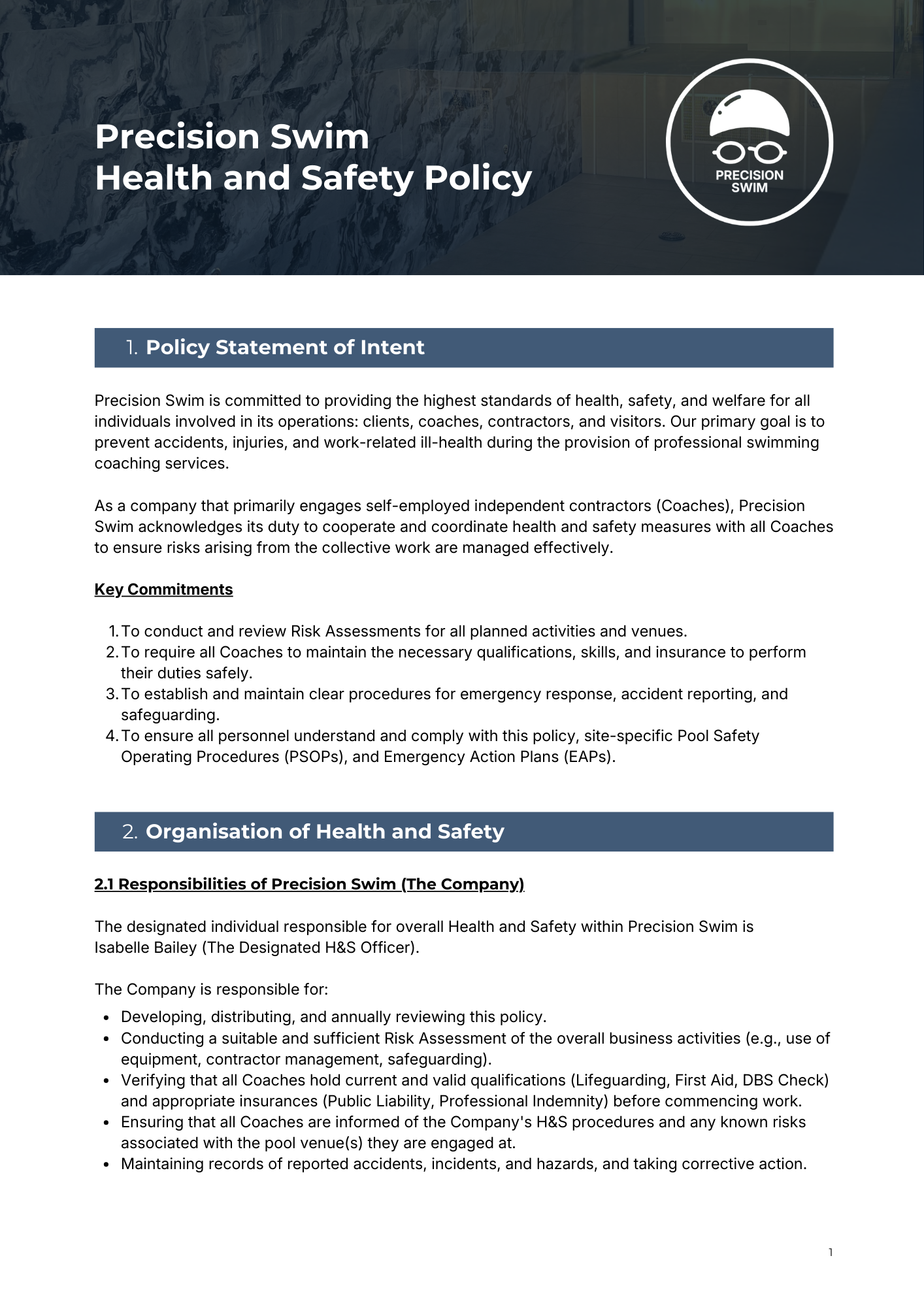 Title page of Precision Swim's health and safety policy document with logo of a swimmer wearing goggles and a cap.