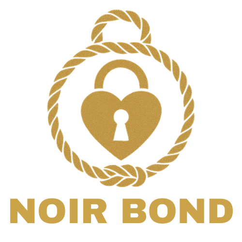 Gold lock-shaped heart with rope border and the words 'NOIR BOND' in gold below.