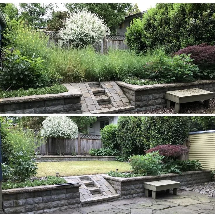 Before and after professional yard cleanup and maintenance by BendScape Lawn Care in Bend Oregon