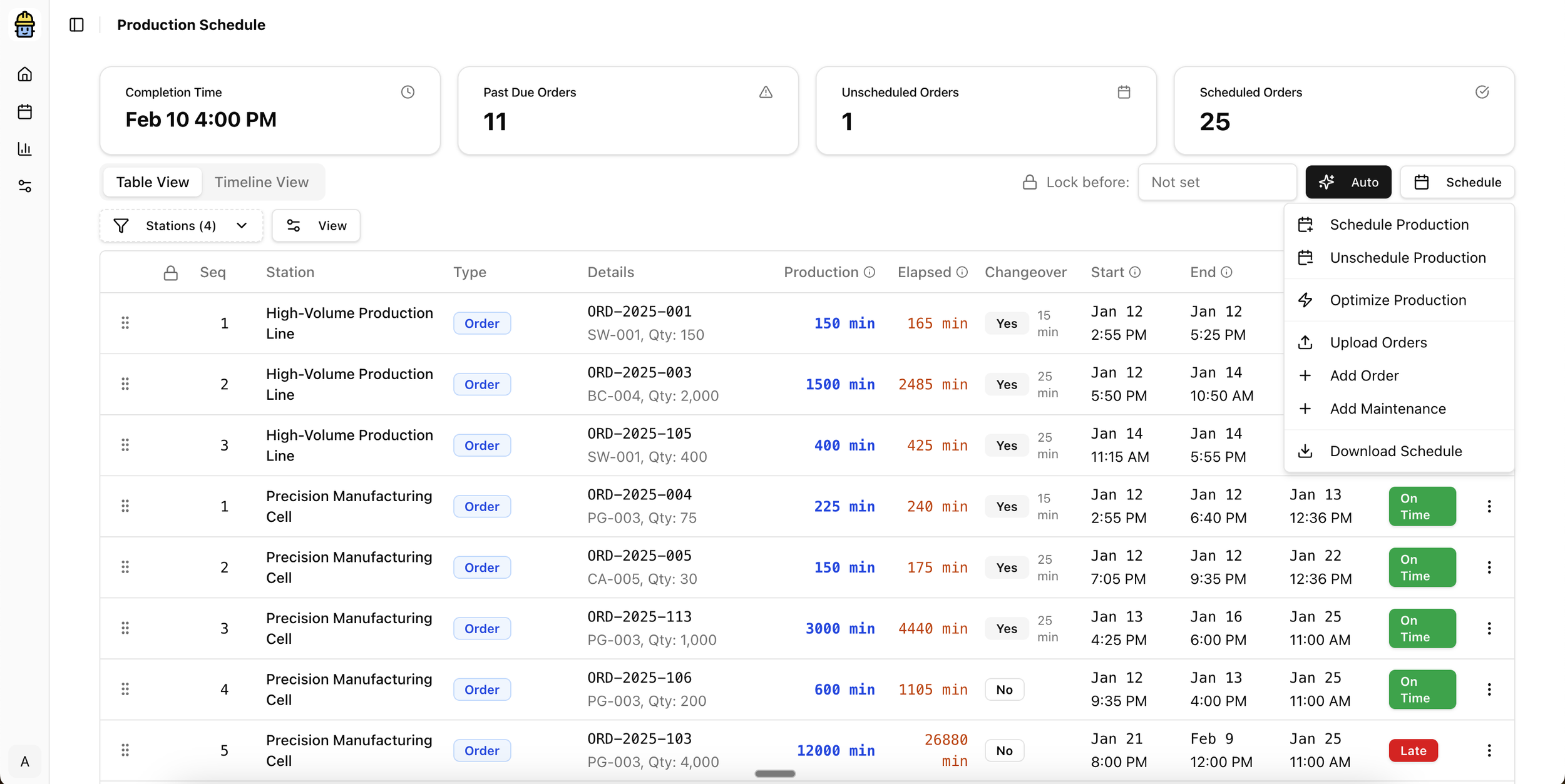 Upload your order book and click “Schedule Production.” Bob creates an optimized schedule in seconds. Need changes? Drag and drop orders—Bob handles the rest.
