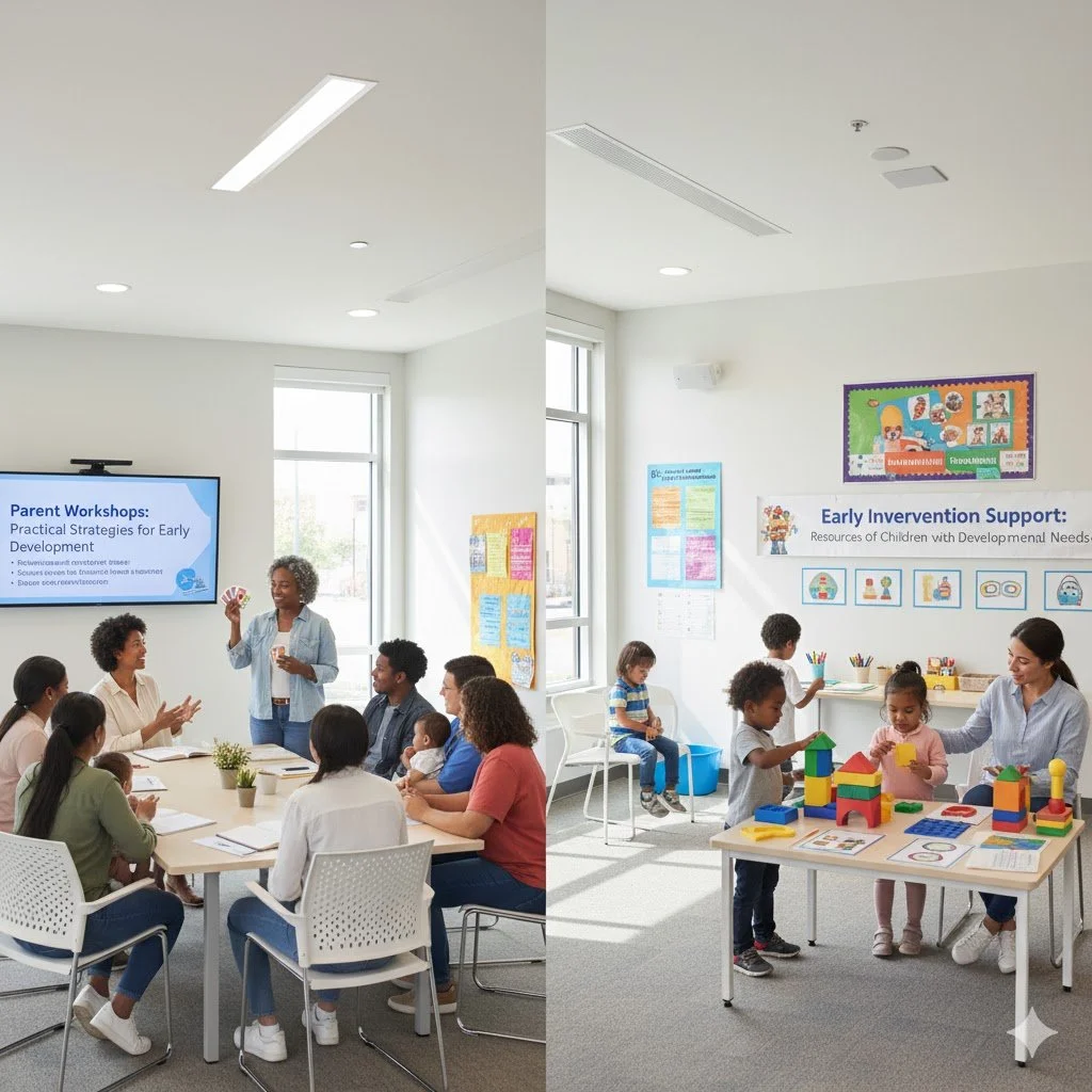 Left side shows a group of adults in a meeting room, with a woman standing and presenting to them. Right side shows children in a classroom with an educational display on the wall, playing with colorful building blocks and engaging with a teacher.