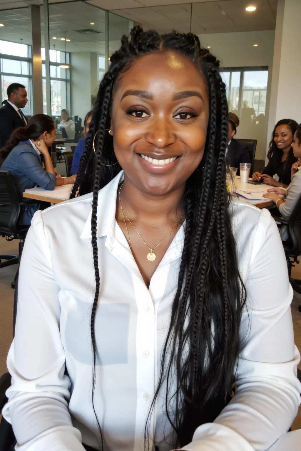 A smiling woman with braided hair wearing a white blouse and a gold necklace, sitting in a busy office conference room with people working and talking in the background.