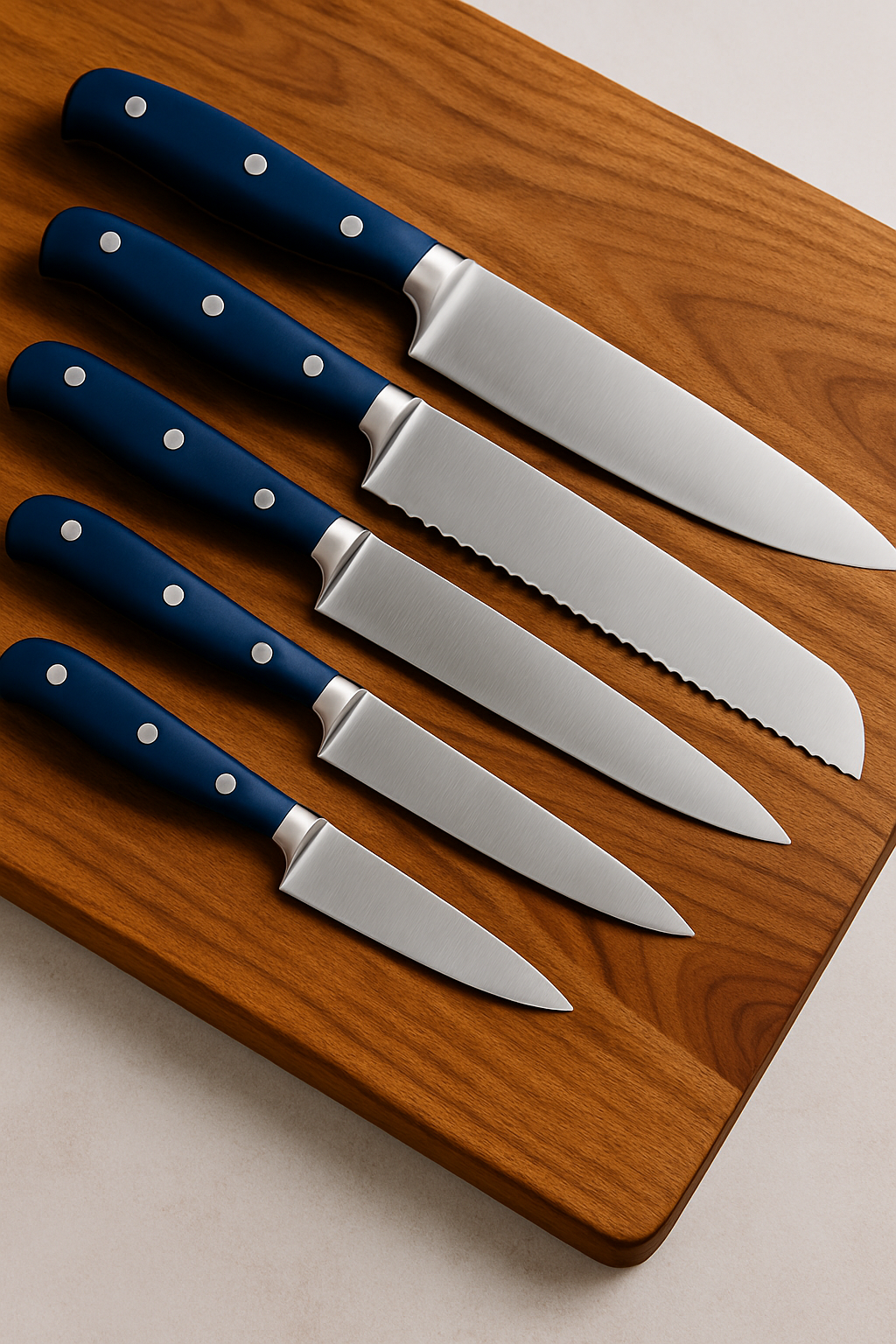 Four kitchen knives with dark blue handles and stainless steel blades on a wooden cutting board.