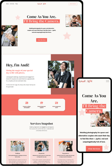 FenViolet portfolio project: website design for Good Light, a wedding photography business, with a warm and romantic visual style