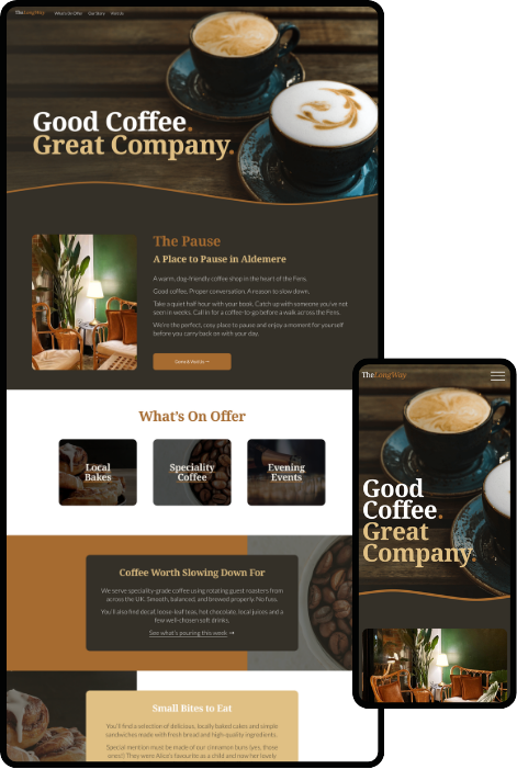 FenViolet portfolio project: website design for The Long Way coffee shop, featuring latte art photography and a welcoming homepage layout