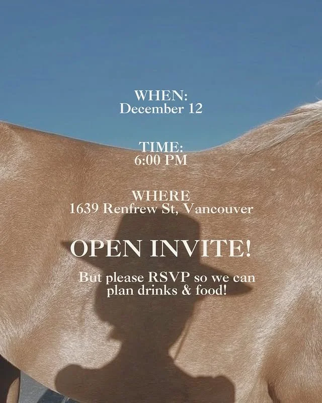 Invitation to an event on December 12 at 6:00 PM at 1639 Renfrew St., Vancouver, with a woman and a dog, featuring a shadow of a person and the dog's ears.