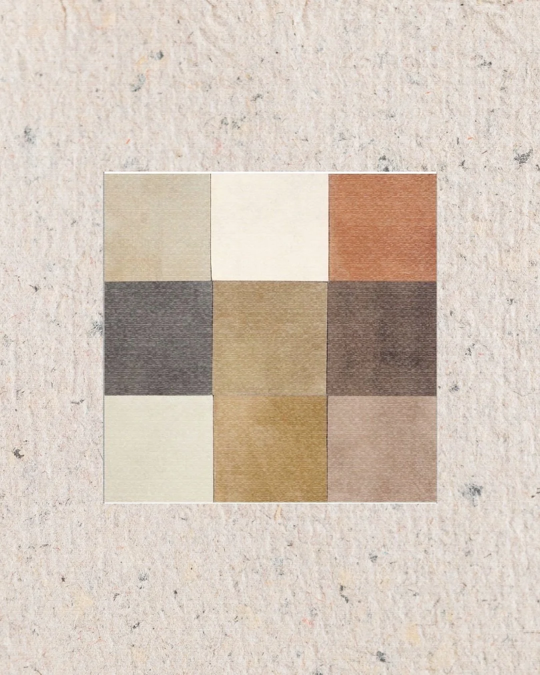 A grid of twelve fabric swatches in neutral and earthy tones, arranged in three rows and three columns, on a textured, beige background.