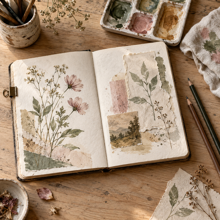 Open art journal with botanical collage, watercolor paints, brushes, and pencils on a wooden table
