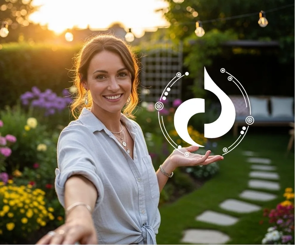 A smiling woman taking a selfie outdoors in a garden during sunset, with a digital graphic of circular arrows and futuristic design elements floating above her hand.
