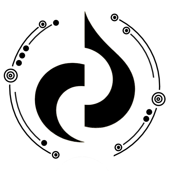 A logo with a stylized design resembling an abstract flame or spiral shape outlined in white on a black background.