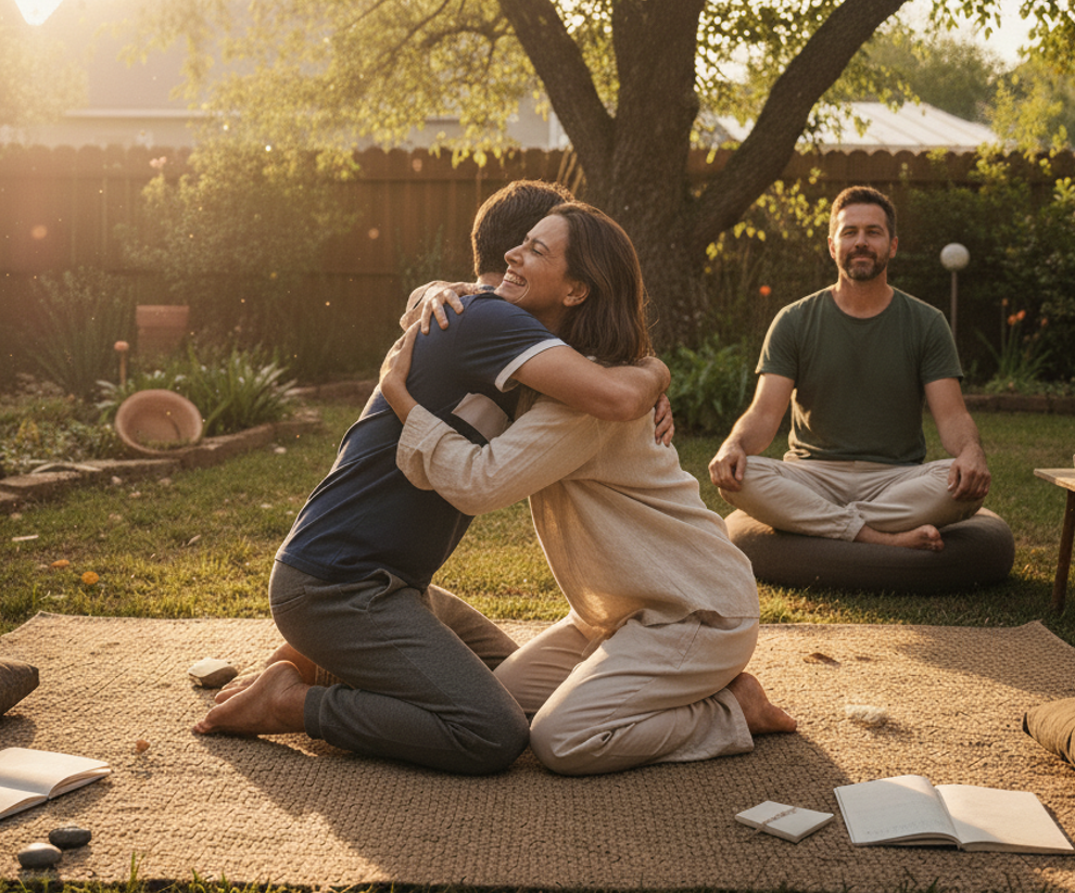 People practicing yoga or meditation outdoors in a backyard during sunset, with one person embracing another and a third person sitting cross-legged on a cushion nearby.