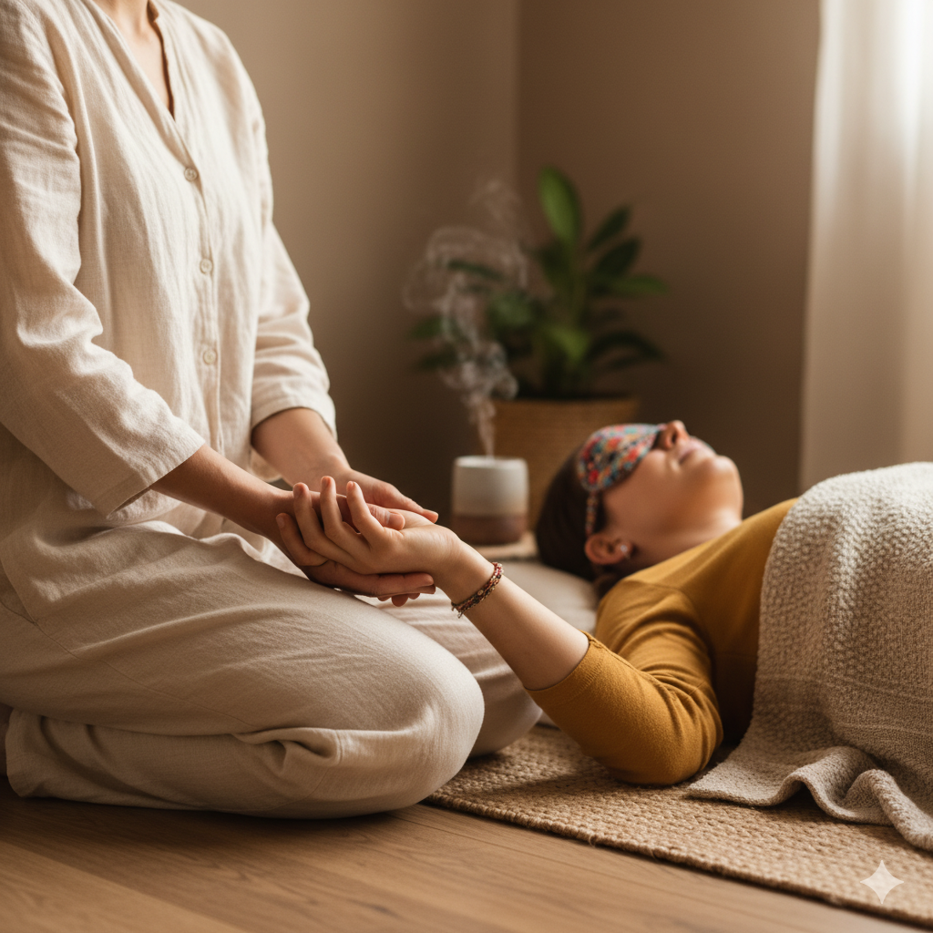 A woman receiving a relaxing massage from a therapist in a calm, cozy room with steam coming from an essential oil diffuser and a potted plant in the background.