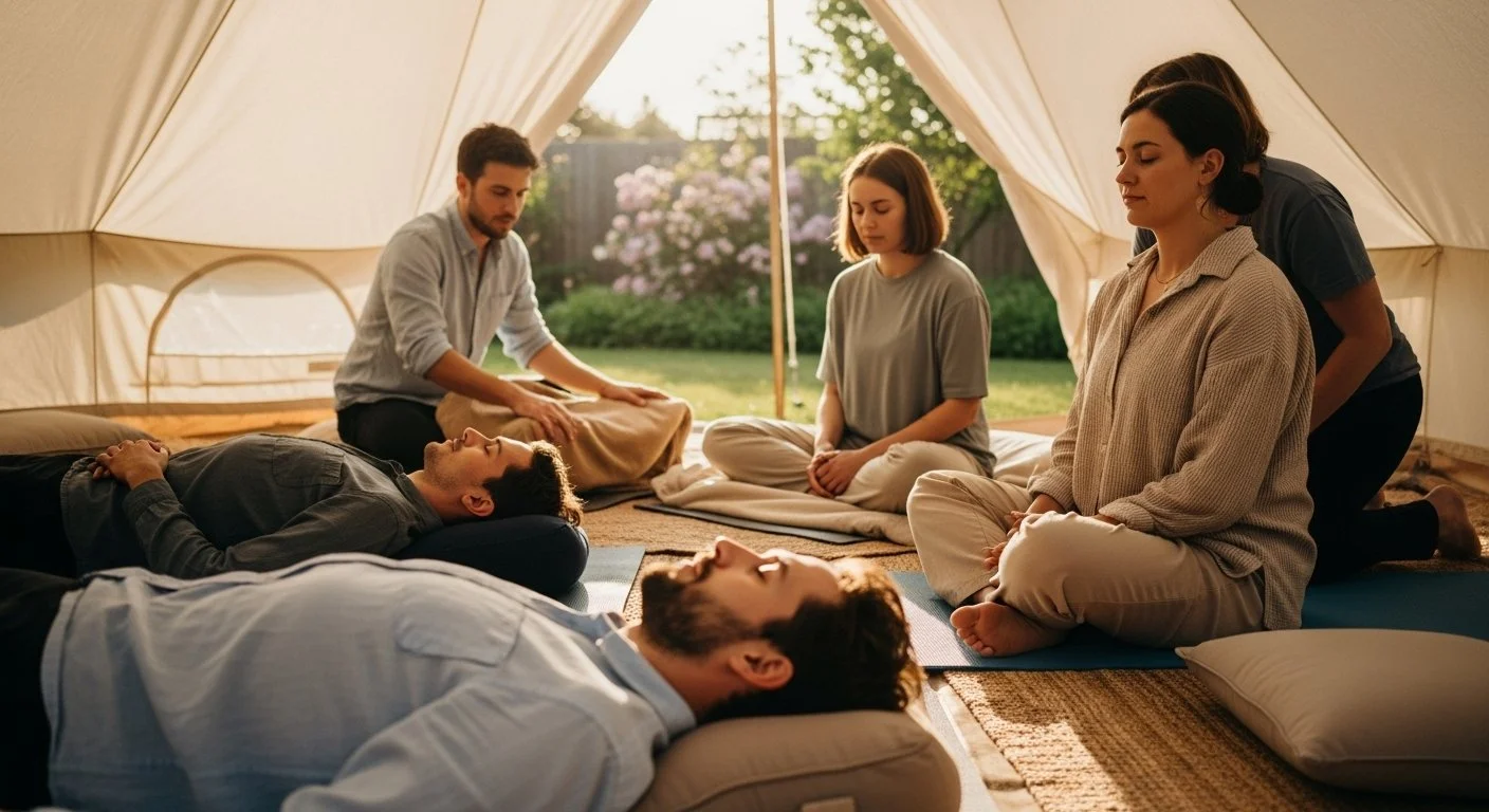 Group of people practicing meditation inside a large tent outdoors during sunset.