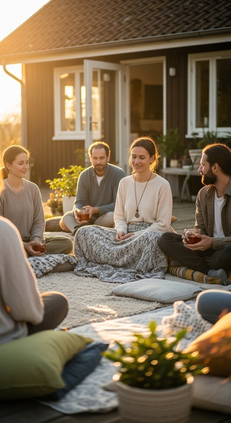 A group of five people sitting on blankets and pillows on a porch or patio during sunset, enjoying drinks and conversation.