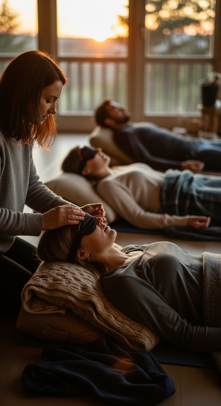 People participating in a guided meditation session in a cozy room at sunset, with three individuals lying on mats and being guided by an instructor.