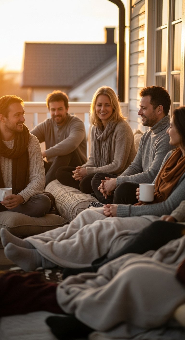 Group of six friends sitting on a porch during sunset, smiling and chatting, holding mugs, dressed in casual warm clothing.