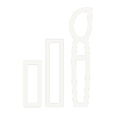 Outline of three vertical bar charts of increasing height with a paintbrush icon.