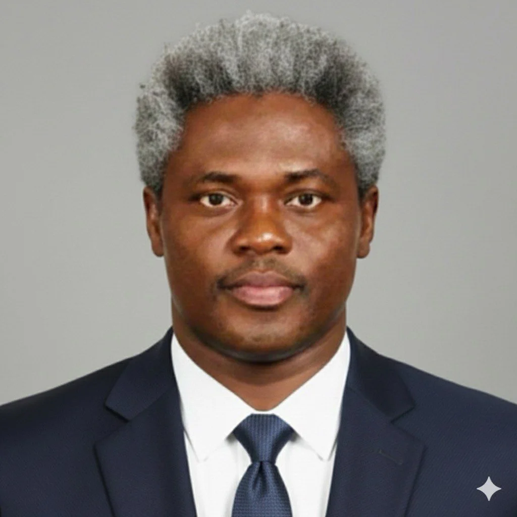 A man with gray hair wearing a dark suit, white shirt, and navy tie, looking at the camera with a neutral expression.