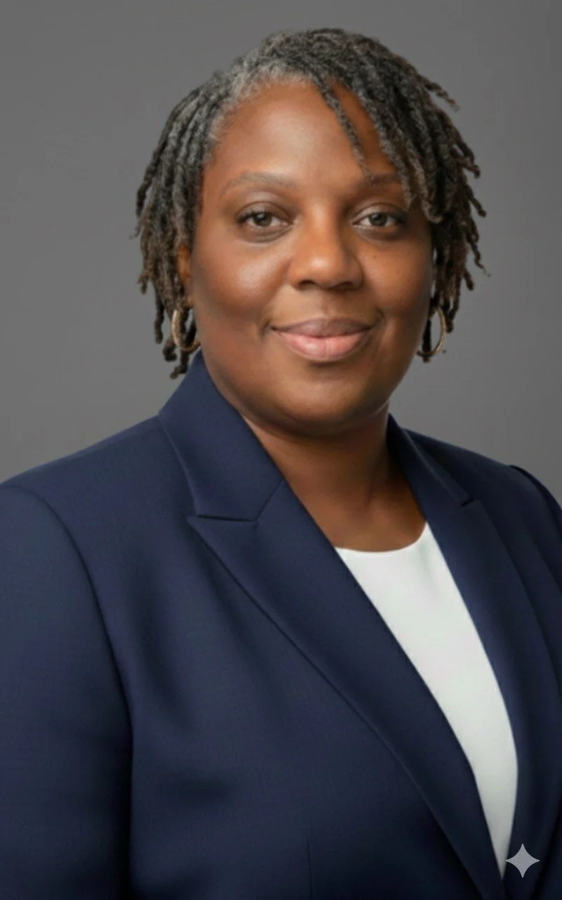 Professional portrait of a Black woman with short gray dreadlocks, wearing a navy blazer and white top, standing against a gray background.
